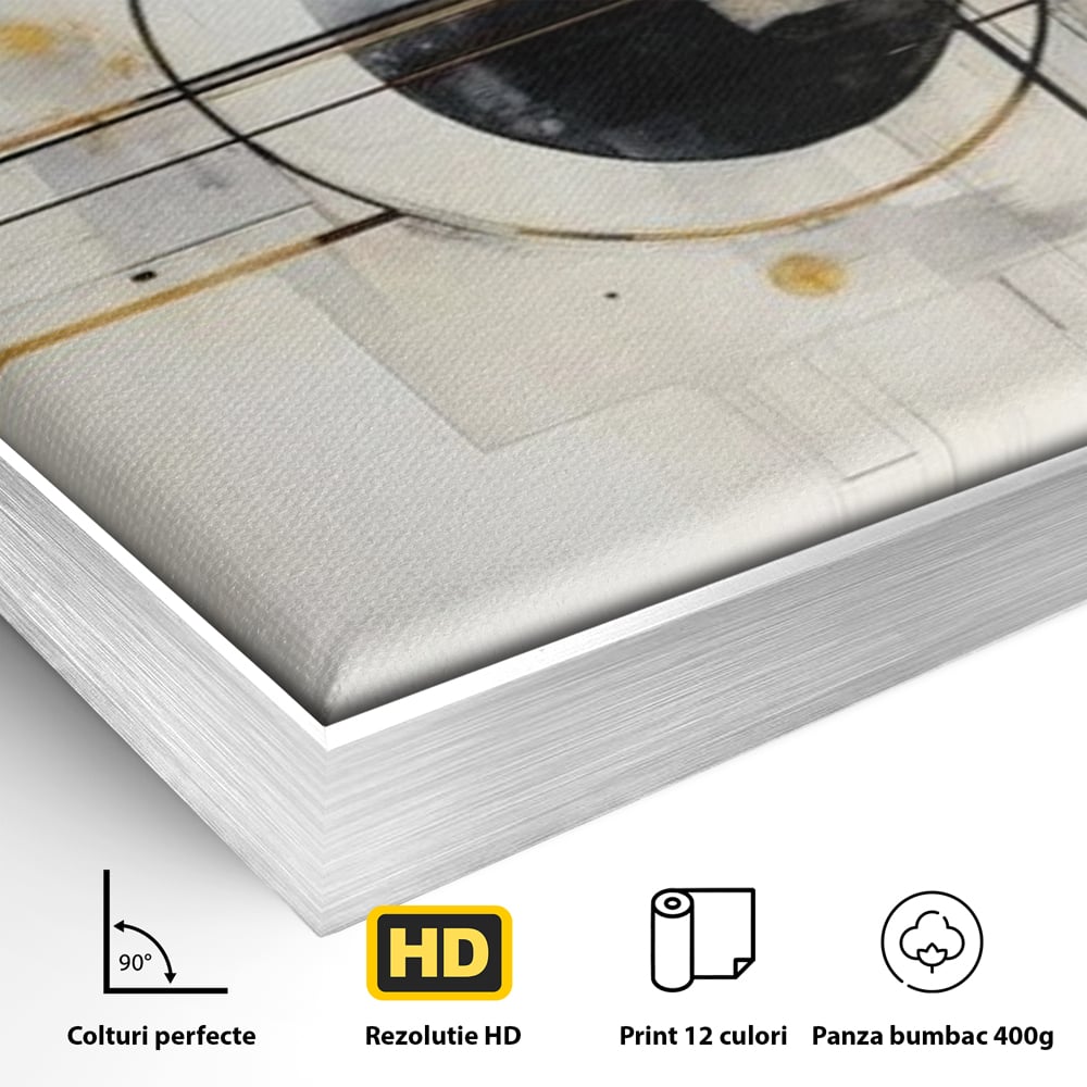 Detaliu al suprafetei: pictura abstracta cu forme geometrice, in rama de aluminiu argintiu